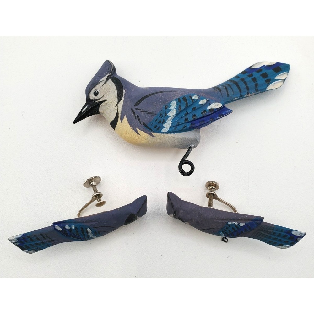 Vintage Hand Carved Wooden Blue Jay Brooch & Screwback Earring Japanese Folk Art